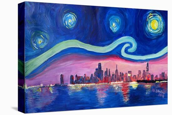 Starry Night in Chicago Illinois with Lake Michiga-Martina Bleichner-Stretched Canvas