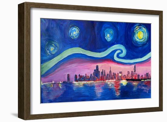 Starry Night in Chicago Illinois with Lake Michiga-Martina Bleichner-Framed Art Print