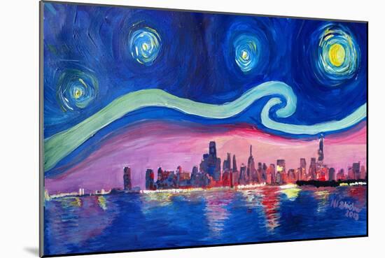 Starry Night in Chicago Illinois with Lake Michiga-Martina Bleichner-Mounted Art Print