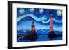 Starry Night in Lindau with Lion and Lighttower-Markus Bleichner-Framed Art Print