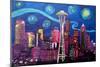 Starry Night in Seattle Space Needle with Van Go-Martina Bleichner-Mounted Art Print