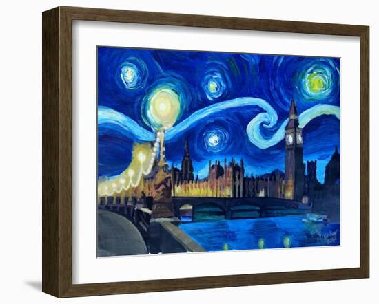 Starry Night London Parliament Van Gogh Inspired-Martina Bleichner-Framed Art Print