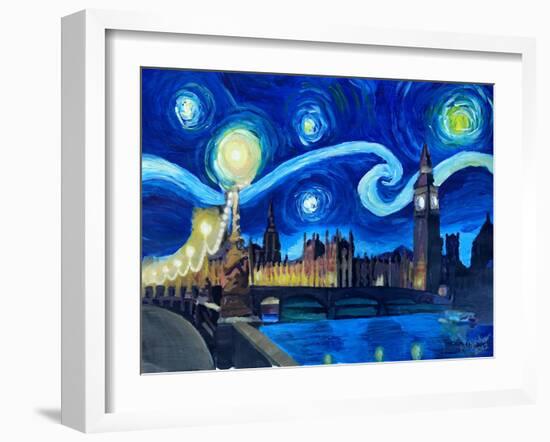 Starry Night London Parliament Van Gogh Inspired-Martina Bleichner-Framed Art Print
