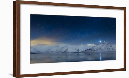 Starry night-Milky Way, over snow covered landscape Winter in Kolgrafarfjordur, Snaefellsnes Pen...-Panoramic Images-Framed Photographic Print