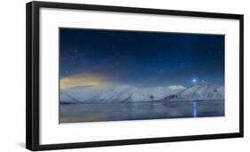 Starry night-Milky Way, over snow covered landscape Winter in Kolgrafarfjordur, Snaefellsnes Pen...-Panoramic Images-Framed Photographic Print