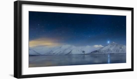 Starry night-Milky Way, over snow covered landscape Winter in Kolgrafarfjordur, Snaefellsnes Pen...-Panoramic Images-Framed Photographic Print