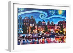 Starry Night over Amsterdam Canal with Van Gogh-Martina Bleichner-Framed Art Print