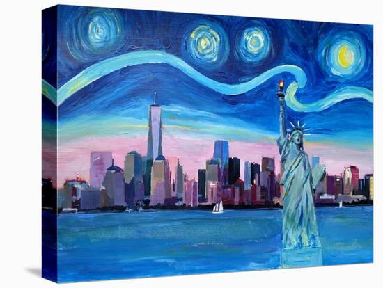 Starry Night over Manhattan with Statue of Liberty-Markus Bleichner-Stretched Canvas