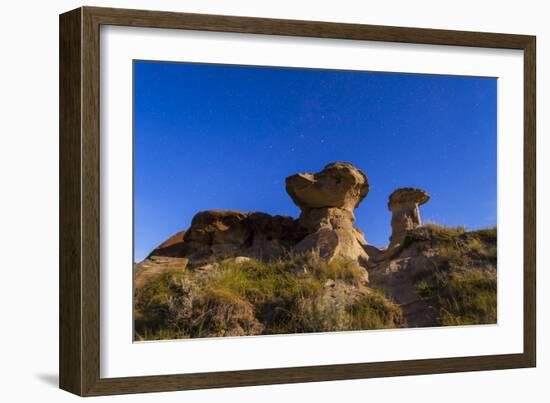 Starry Sky Above Hoodoo Formations at Dinosaur Provincial Park, Canada-null-Framed Photographic Print