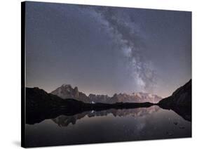 Starry Sky over Mont Blanc Range Seen from Lac Des Cheserys, Haute Savoie. French Alps, France-Roberto Moiola-Stretched Canvas