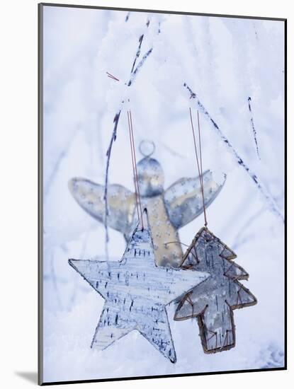 Stars and Silver Angel on Snowy Branch-null-Mounted Photographic Print