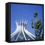 Statue before the Catedral Metropolitana, Brasilia, UNESCO World Heritage Site, Brazil-Geoff Renner-Framed Stretched Canvas