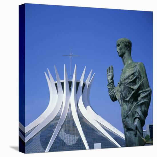 Statue before the Catedral Metropolitana, Brasilia, UNESCO World Heritage Site, Brazil-Geoff Renner-Stretched Canvas