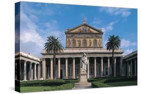 Statue in Front of a Church, Basilica of St Paul Outside the Walls, Rome, Lazio, Italy-null-Stretched Canvas