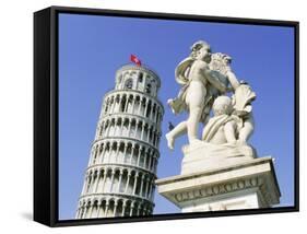 Statue in Front of the Leaning Tower of Pisa, Campo Dei Miracoli, Pisa, Tuscany, Italy-Bruno Morandi-Framed Stretched Canvas