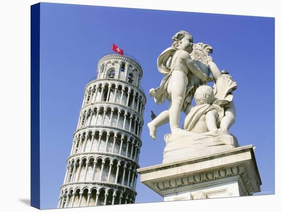 Statue in Front of the Leaning Tower of Pisa, Campo Dei Miracoli, Pisa, Tuscany, Italy-Bruno Morandi-Stretched Canvas