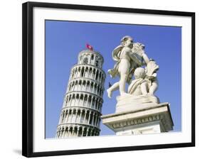 Statue in Front of the Leaning Tower of Pisa, Campo Dei Miracoli, Pisa, Tuscany, Italy-Bruno Morandi-Framed Photographic Print