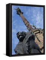 Statue of a Lion on the Columbus Monument in Barcelona, Catalunya, Spain-Teegan Tom-Framed Stretched Canvas