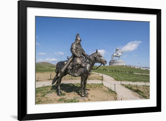 Statue of a Mongolian Empire warrior and Genghis Khan Statue Complex in the background, Erdene, Tov-Francesco Vaninetti-Framed Photographic Print