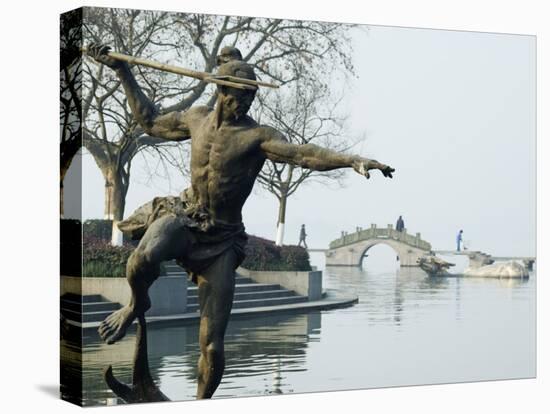 Statue of a Spear Fisherman in the Waters of West Lake, Hangzhou, Zhejiang Province, China-Kober Christian-Stretched Canvas