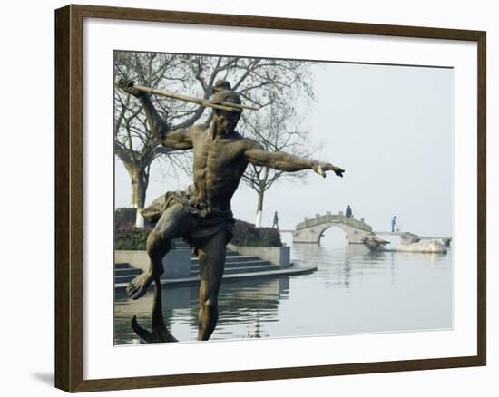 Statue of a Spear Fisherman in the Waters of West Lake, Hangzhou, Zhejiang Province, China-Kober Christian-Framed Photographic Print