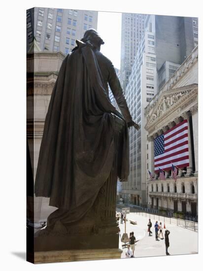Statue of George Washington in Front of Federal Hall, with the New York Stock Exchange Behind-Amanda Hall-Stretched Canvas