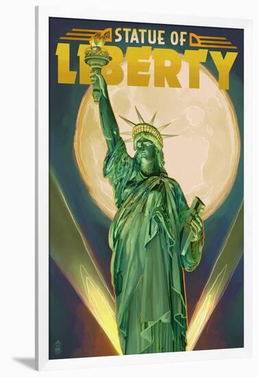 Statue of Liberty and Full Moon - New York City, New York-Lantern Press-Framed Art Print