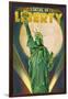 Statue of Liberty and Full Moon - New York City, New York-Lantern Press-Framed Art Print