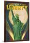 Statue of Liberty and Full Moon - New York City, New York-Lantern Press-Framed Art Print