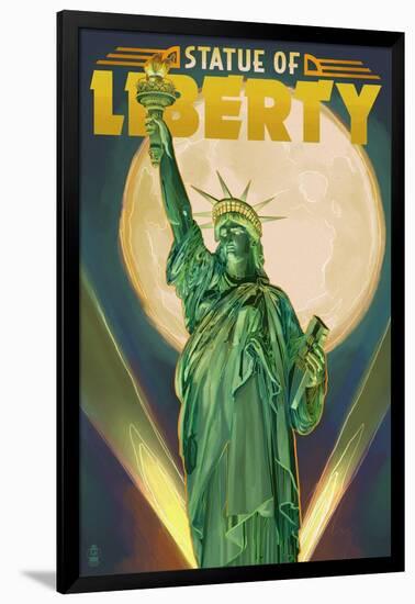 Statue of Liberty and Full Moon - New York City, New York-Lantern Press-Framed Art Print