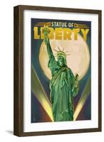 Statue of Liberty and Full Moon - New York City, New York-Lantern Press-Framed Art Print