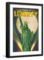 Statue of Liberty and Full Moon - New York City, New York-Lantern Press-Framed Art Print