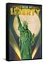 Statue of Liberty and Full Moon - New York City, New York-Lantern Press-Framed Stretched Canvas