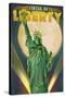 Statue of Liberty and Full Moon - New York City, New York-Lantern Press-Stretched Canvas