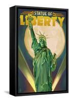 Statue of Liberty and Full Moon - New York City, New York-Lantern Press-Framed Stretched Canvas