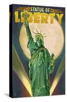 Statue of Liberty and Full Moon - New York City, New York-Lantern Press-Stretched Canvas