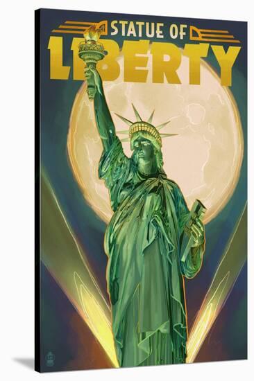 Statue of Liberty and Full Moon - New York City, New York-Lantern Press-Stretched Canvas