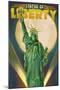 Statue of Liberty and Full Moon - New York City, New York-Lantern Press-Mounted Art Print