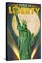 Statue of Liberty and Full Moon - New York City, New York-Lantern Press-Stretched Canvas
