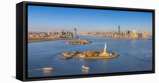 Statue of Liberty, Jersey City and Lower Manhattan, New York City, New York, USA-Jon Arnold-Framed Stretched Canvas