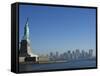 Statue of Liberty, Liberty Island and Manhattan Skyline Beyond, New York City, New York, USA-Amanda Hall-Framed Stretched Canvas