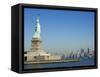 Statue of Liberty, Liberty Island and Manhattan Skyline Beyond, New York City, New York, USA-Amanda Hall-Framed Stretched Canvas