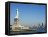 Statue of Liberty, Liberty Island and Manhattan Skyline Beyond, New York City, New York, USA-Amanda Hall-Framed Stretched Canvas