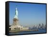 Statue of Liberty, Liberty Island and Manhattan Skyline Beyond, New York City, New York, USA-Amanda Hall-Framed Stretched Canvas