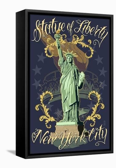 Statue of Liberty National Monument - New York City, NY - Blue-Lantern Press-Framed Stretched Canvas
