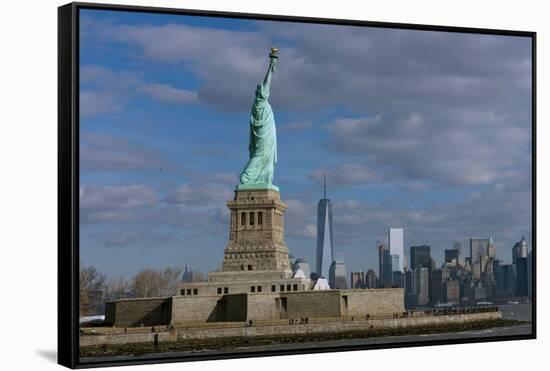 Statue Of Liberty with city in the background, Manhattan, New York City, New York State, USA-null-Framed Stretched Canvas