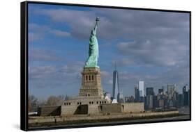 Statue Of Liberty with city in the background, Manhattan, New York City, New York State, USA-null-Framed Stretched Canvas