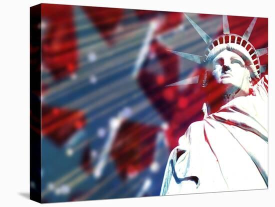 Statue of Liberty with Symbolic Stars and Stripes in the Background-null-Stretched Canvas