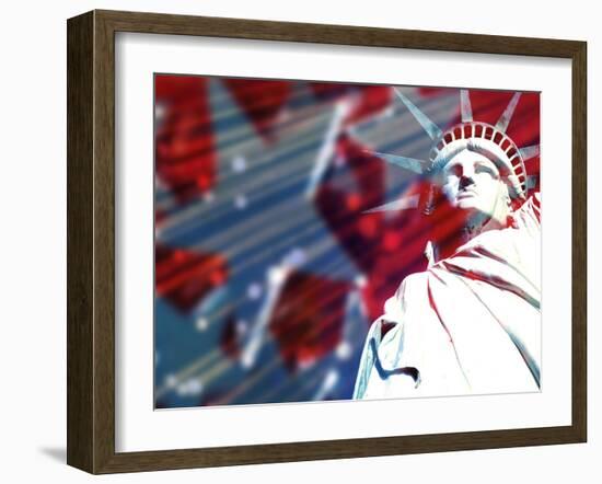 Statue of Liberty with Symbolic Stars and Stripes in the Background-null-Framed Photographic Print