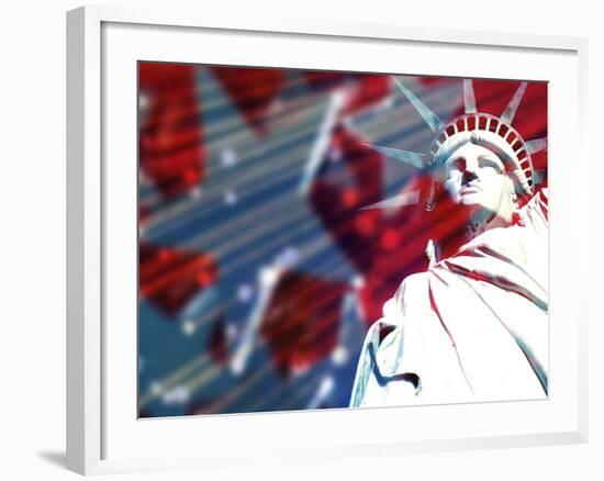 Statue of Liberty with Symbolic Stars and Stripes in the Background-null-Framed Photographic Print